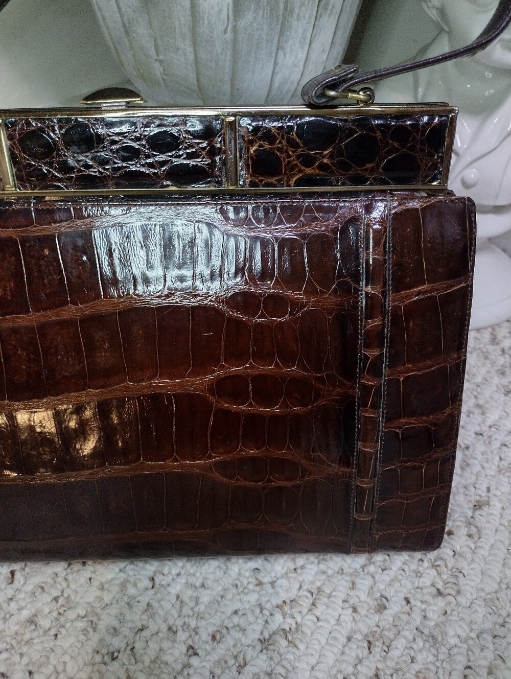 Vintage Classic Croc-Embossed Brown Leather Top-Handle Bag - Picture 7 of 16